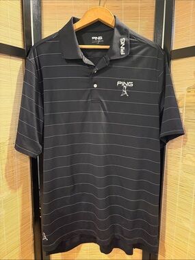 PING Black Polo with Thin White Stripes